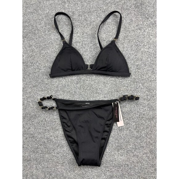 Victorias Secret Bikini Swimsuit Womens Medium Black Triangle Top Bottom Gold V - Picture 1 of 9